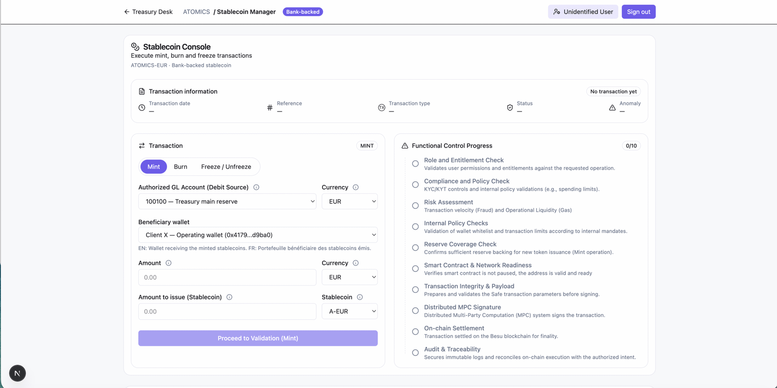 The ATOMICS stablecoin console: mint, burn and freeze transactions with a real-time functional control checklist